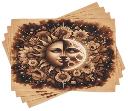 ABAKUHAUS Platzmatten, Mittelalterliche Astronomie Sonne Mond, Waschbare Stoff Esszimmer Küche Tischdekorations Digitaldruck, Hellbraun Dunkle Taupe