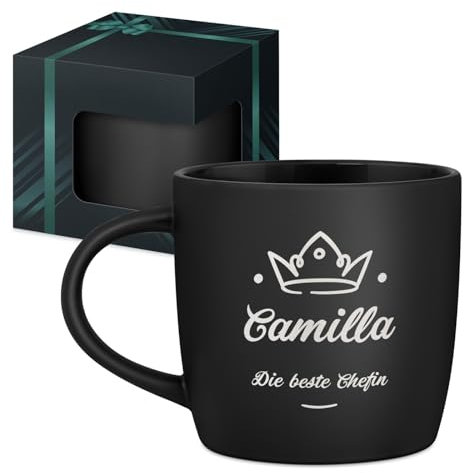 Maverton Keramik Kaffeebecher 400ml mit Gravur - personalisierte Kaffeetasse aus Matt Keramik mit Henkel für Frauen zum Geburtstag zu Weihnachten - Trinkbecher matt schwarz - Innen schwarz - Chefin