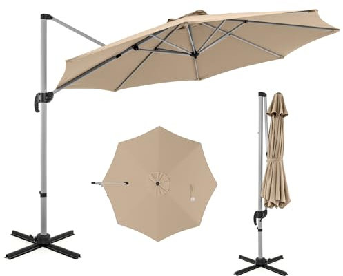 COSTWAY Parasol Déporté Φ339CM, Parasol de Jardin Rond avec Base en Croix, Parasol Inclinable avec 5 Angles et Hauteurs Réglables, Parasol Excentré Rotatif à 360° avec Manivelle et Double Toit (Beige)