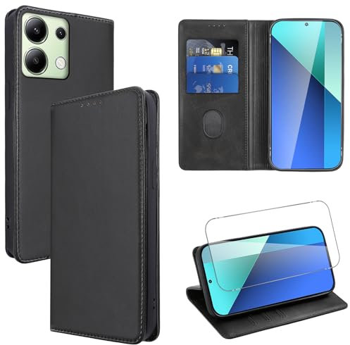 Vauki Funda Cuero para Xiaomi Redmi Note 13 4G con 1 Cristal Templado Carcasa PU Tipo Cartera Soporte Tarjetas Case Soporte Plegable Tapa Libro Movil Flip Caso para Xiaomi Redmi Note 13 4G 6.67,Negro