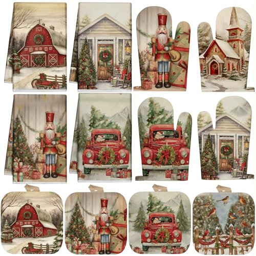 SiliFine 12 Pcs Christmas Kitchen Towels Pot Holders and Oven Mitts Set Nutcracker Dish Towels Christmas House Oven Mitts Xmas Tree Pot Holders for Home Cooking Dish Baking Decorative