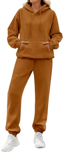 Yuson Girl Tuta Donna Invernale Completa Sportiva 2 Pezzi Tute Casa Cotone Completo Palestra Felpata Tuta Ginnastica in Pile Vello Foderato Felpa Cappuccio e Pantaloni (Marrone, XXL)