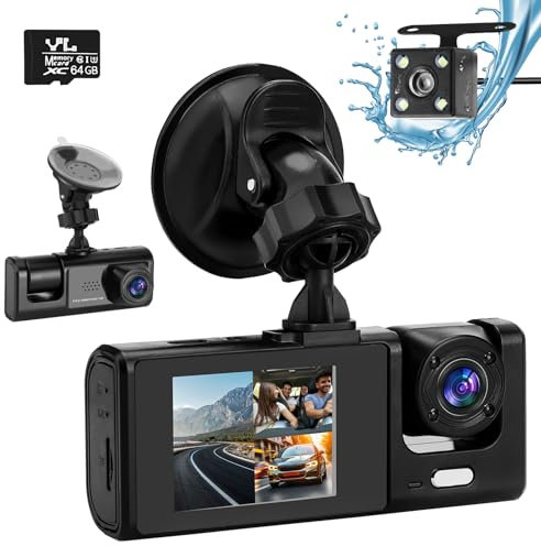 Xastro Dashcam Voiture Avant et Interieur avec Batterie,1080P+720P+1080P FHD 3 Canaux Dash Cam,G-Capteur, Parking Mode, HDR, Vision Nocturne IR, Wide Angle, Carte SD 64GB