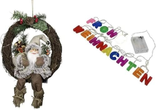 Christmas Paradise Deko Weihnachtsmann im Türkranz Größe 30cm mit LED Licht Wanddekoration