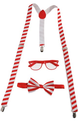 KarnevalsTeufel Accessoire - Set Köln für Herren und Damen – 3-teiliges Zubehör-Set in Rot-Weiß Ringel Brille, Hosenträger & Fliege im Streifen-Design Jeck Kölle, 5. Jahreszeit