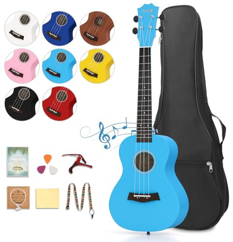 Dripex 23 Zoll Konzert-Ukulele Set für Anfänger mit Tasche, Tuner, Gurt und Bedienungsanleitung (Hellblau)