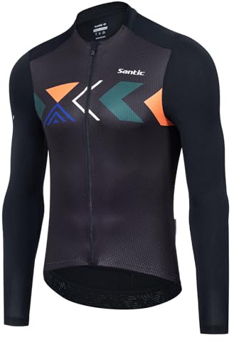 Santic Herren Radtrikot Langarm Top Rennrad Shirt Full Zipper UPF 50+ MTB Jersey mit Taschen, Schwarz-179, L