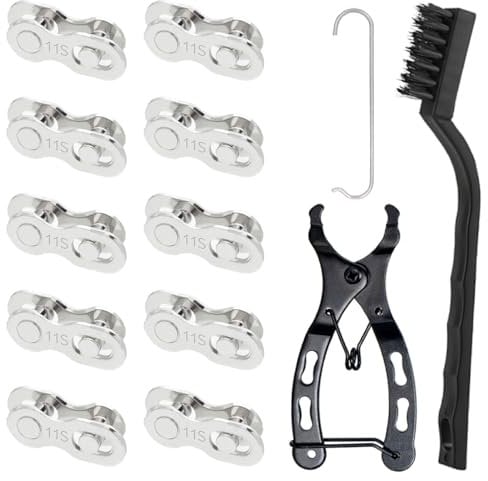 GATSUZG 10 Pcs 11 Speed Bicycle Missing Link Reusable Steel Bike Chain Master Links Silver Quick Release Bicycle Chain for Mountain Bikes, with Tool, Cleaning Brush