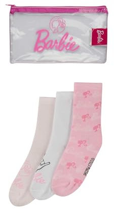Barbie Coffret cadeau pour fille | Trousse de toilette et 3 paires de chaussettes pour enfants | Trousse de toilette | Bas | Petits cadeaux pour enfants | Petite trousse de maquillage, Rose, 31-34
