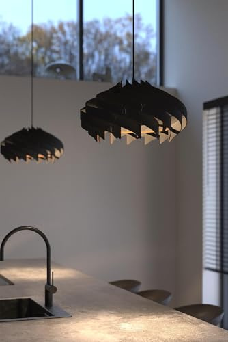 Schwarze Holz Hängelampe – Sonliner Mid-Century Modern Handgefertigte Lampe, Deckenleuchter, Hängeleuchte, Lampenschirm (Schwarz, Hochwertiges Textilkabel: 70 cm)