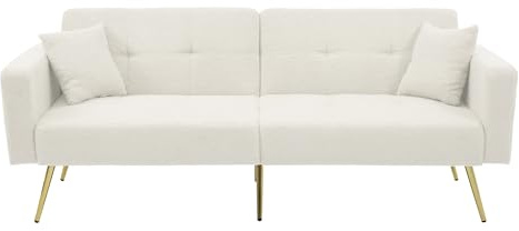 Merax Schlafsofa mit Bettfunktion, verstellbarem Winkel, Stabiler Holzrahmen, inkl. Kissen & seitlichen Aufbewahrungstaschen, umwandelbar, komfortabel, für Gäste, Weiß