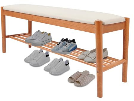 HOMEONENIC Panca per scarpe a 2 livelli, 93 x 23 x 40 cm, con cuscino, portata fino a 200 kg, colore: ciliegio, colore legno