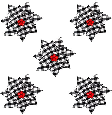 ULIJTH 5 pezzi/1 set di stelle di Natale bianche e nere fiori artificiali con bacche rosse per ghirlande dell'albero di Natale