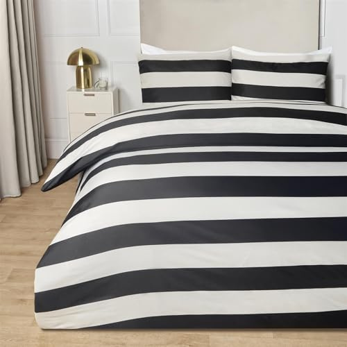 OHS Single Duvet Cover Set Stripe, Ultra Soft Microfibre Bedding Set Timeless Striped Design Warm Cosy Comfy Luxurious Single Duvet Cover with Pillowcase, Monochrome