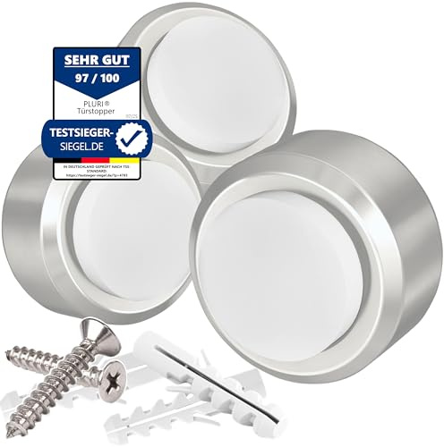 PLURI - Premium Türstopper Wand Edelstahl [3er Set] - GRATIS Befestigungsmaterial, Wandmontage mit Schrauben & Dübeln – Gummi-Puffer schützt Türgriff, Türklinke und Wand, Weiß