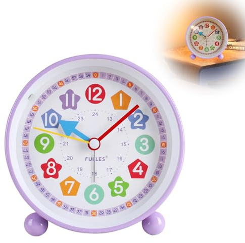 Herbst Kinder Wecker, Wecker Ohne Ticken mit Nachtlicht (Ohne Akku) - Lila | Kinderwecker Analog Wecker Kinder mit Sanfter Weckklingelton Schulanfänge Geschenke für Mädchen Jungen Batteriebetriebene