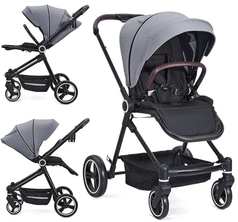 Garvee Poussette 2 En 1 Réversible Pour Nouveau-Né à 36 Mois (22Kg) - Pliable Compacte, Siège Sécurité 5 Points, Grande Capote Anti-UV Et Panier De Rangement, Gris