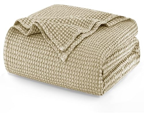 Talasily 100% Baumwolle Decke 150 x 200 cm, Weiche und Atmungsaktive Tagesdecke, Waffelmuster Leichte Decke als Sofadecke Couchdecke, Weich Kuschelige Wohndecke Wohnzimmer, Sofa Couch Khaki