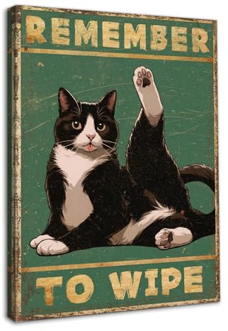 Dazzlewall Framed Funny Cat Wall Art Print, Remember To Wipe Humorous Sign Poster for Toilet Bathroom Decor 12x16 in, Cat Lover Gift