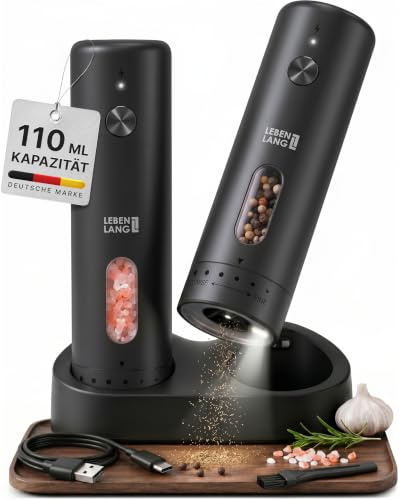 LEBENLANG Salz und Pfeffermühle Elektrisch 2er Set - 110ml Behälter | 300mAh I Wiederaufladbar I 6 Stufen Elektrische Salz & Pfeffermühle Set Gewürzmühle Elektrisch Salzstreuer Spice Grinder Mill