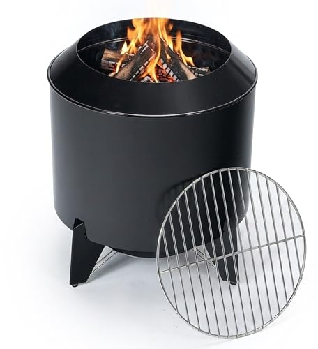 Relaxdays Feuerschale ohne Rauch, 2 in 1 mit Grillrost, Stahl, schwarz | HxØ: 46x52 cm, emailliert, raucharme Feuerstelle