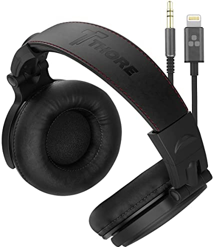 Thore Over Ear iPhone Headphones with Lightning Connector (2018) – Closed Back Studio DJ Monitor Earphones (50mm Neodymium Drivers) w/Apple MFI Certified Cable (V200 Black)