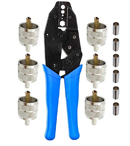 Crimpatrice per Cavo Coassiale RG58/RG59/RG62/RG6 con 5pcs UHF maschio PL259 a crimpare sui connettori per cavo RG58 LMR195, Kagni Attrezzo di Compressione per connettore UHF e Cavo Coassiale