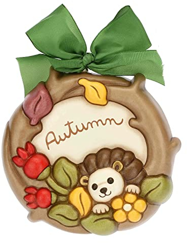 THUN, Formella Autumn, Formella in Ceramica Decorata a Mano con Piccolo Riccio fra i Fiori, 15.5x3.9x15.5 cm h