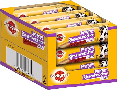 Pedigree Hundesnacks Riesenknochen Maxi Jumbone für große Hunde (+25kg), 12 Stück, 12x180g – Hundeleckerlis mit Rind– und Geflügelgeschmack