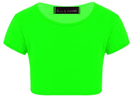 Kids Girls Neon Fluorescent Plain Short Sleeve Crop Tops T-Shirt Tee Top Dance Wear Gymnastic Fancy Dress Colour: Neon Green - Size: 3-4 Years
