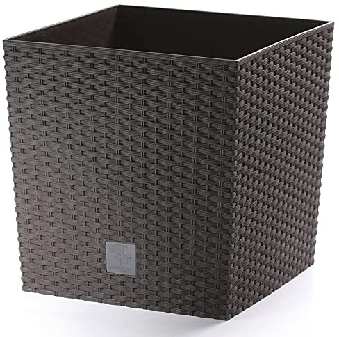 URBNLIVING Macetero grande con diseño de ratán, para interior y exterior, color marrón, cuadrado bajo 200 mm