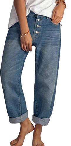 Tomwell Pantalons Femme Denim Straight Jean Droit Boyfriend Taille Haute Grandes Casual Rétro Printemps Jeans (L, Bleu)