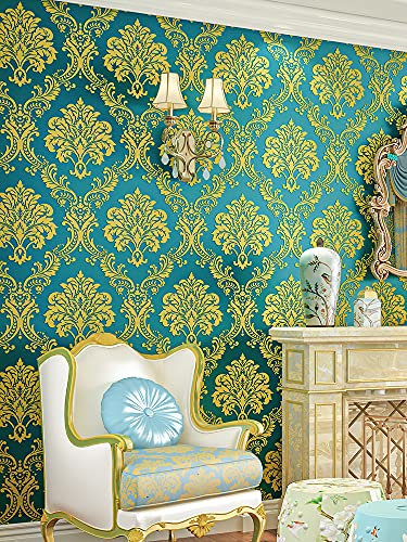 Rouleau de Papiers Peints Intissé de Luxe Damassé Texturé en Relief pour Décoration Murale Chambre, Salon Vert 9,5 x 0,53 m