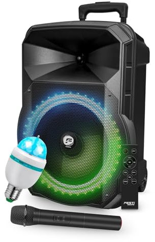 Enceinte Karaoké Festisound PICO08, Autonome sur Batterie, Puissance 200W, USB Bluetooth, TWS, Radio FM, Micro sans Fil, Ampoule