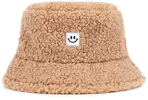 Mimfutu Winter Fischerhut Fluffy Bucket Hat für Damen Herren (Smile Khaki)