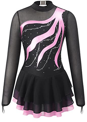 IEFIEL Robe de Danse Classique Enfant Fille Justaucorps Patinage Artistique Manche Longue Rayé Tenue Patinage Gymnastique Ballet Costume Performance Rose Clair 9-10 ans