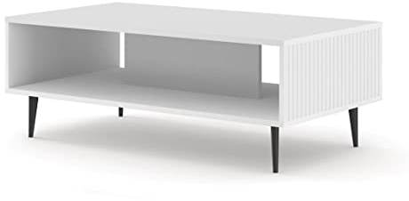 BIM Furniture Couchtisch Ravenna B 90 x 60 cm gefräste MDF-Dekorationen auf Schwarze Metallbeinen EIN Kaffeetisch Tisch mit Regal (Weiß Matt)