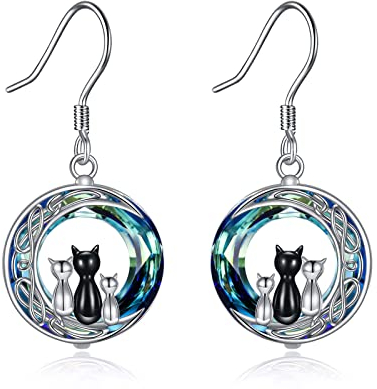 3 Katzen Ohrringe Silber 925 Katze Ohrhänger Keltische Mond Kristall Schmuck Geschenke Damen Schwarze Katzen Liebhaber