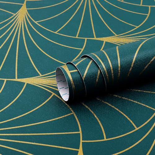 Safiyya Gold and Dark Teal Geometric Stripe Wallpaper Peel and Stick Self Adhesive Removable Vinyl Rolls