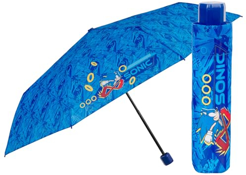 PERLETTI Sonic Regenschirm Blau Kinder 7 8 9 10 Jahre - Sonic Hedgehog Taschenschirm Klein Kompakt Sturmfest Leicht - Igel Kinderschirm Regen Schirm für Jungen Grundschule - Durchmesser 91 cm
