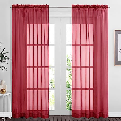 PONY DANCE Red Net Curtains for Christmas Decor - 60x84 inches Red Voile Curtains Semi Transparent Sheer Panels for Bedroom/Living Room Privacy Protect Voile Dual Slot Top, Set of 2