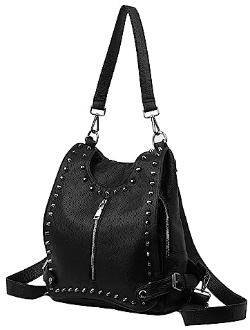 Cortelay Rucksack für Damen, Leder, modisch, Designer-Reise, wandelbar, Schultertasche, Nieten, Quaste, gesteppter Stil, 01 Schwarz, Large, Nieten