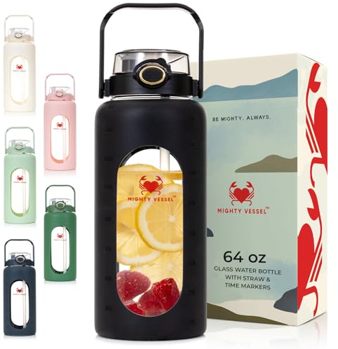 MIGHTY VESSEL 64 oz Glass Water Bottle – Black | Large Leakproof Shatter-Resistant Borosilicate Bottle with Straw, Silicone Sleeve, Time Marker – Half Gallon for Travel, Gym, Daily Intake