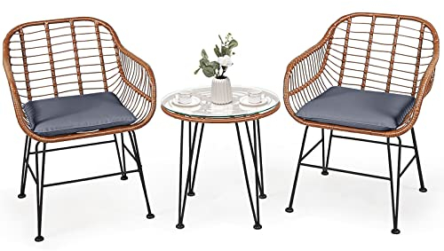 KOMFOTTEU 3-teiliges Bistroset, Gartenmöbel-Set aus Rattan, 2 Rattanstühle mit Kissen & Hartglas-Couchtisch, Balkonset für Balkon Terrasse Garten, Braun