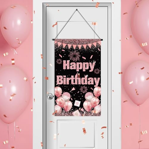 Rose Gold Birthday Door Sign for Women - Banner Decorations, Porch Hanger Decor, Front Door Sign for Girls