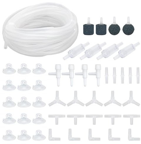 Dondeen 48Stück Air Luftpumpe Zubehör Aquarium Zubehör inkl 6M Transparente Silikonschlauch Sauerstoff Stein Rückschlagventilen Regelbare Ventile Saugnäpfen und I/T/L/Y Form Anschlüssen (Weiß 6m-1)