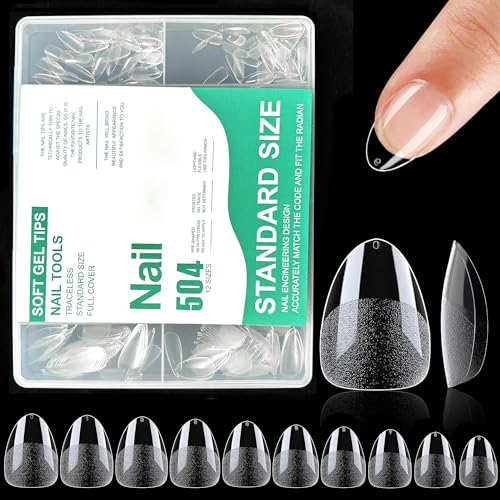 HCSSZ Kurze Mandel Nagelspitzen,504 Stück Short Gel Full Cover Almond Nail Tips, Vorpolierte Harz Kunstnägel Acryl Nageltips Tips für Gelnägel, für Nagelstudios und DIY-Nagelkunst, 10 Größen