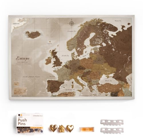 Canvas Europakarte mit Pinnwand Kork zum Pinnen der Reiseziele - Wanddeko für Jeden Raum - Hochwertige Leinwand Bilder mit Europakarte (90x60 cm, Muster 17)