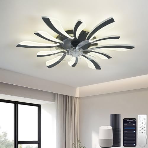 YUNLONG Smart Lampadario con Ventilatore da Soffitto, WiFi Plafoniera con Ventilatore Compatibile con Alexa Google Home, Lampada con Ventola Techo per Camera da letto, Cucina, Nero