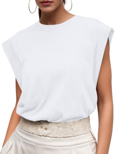 GRECERELLE Womens Cotton T Shirts Cap Sleeves Loose Fit Basic Ladies Tops for Casual Comfort Soft Crew Neck Summer Tees (White, L)